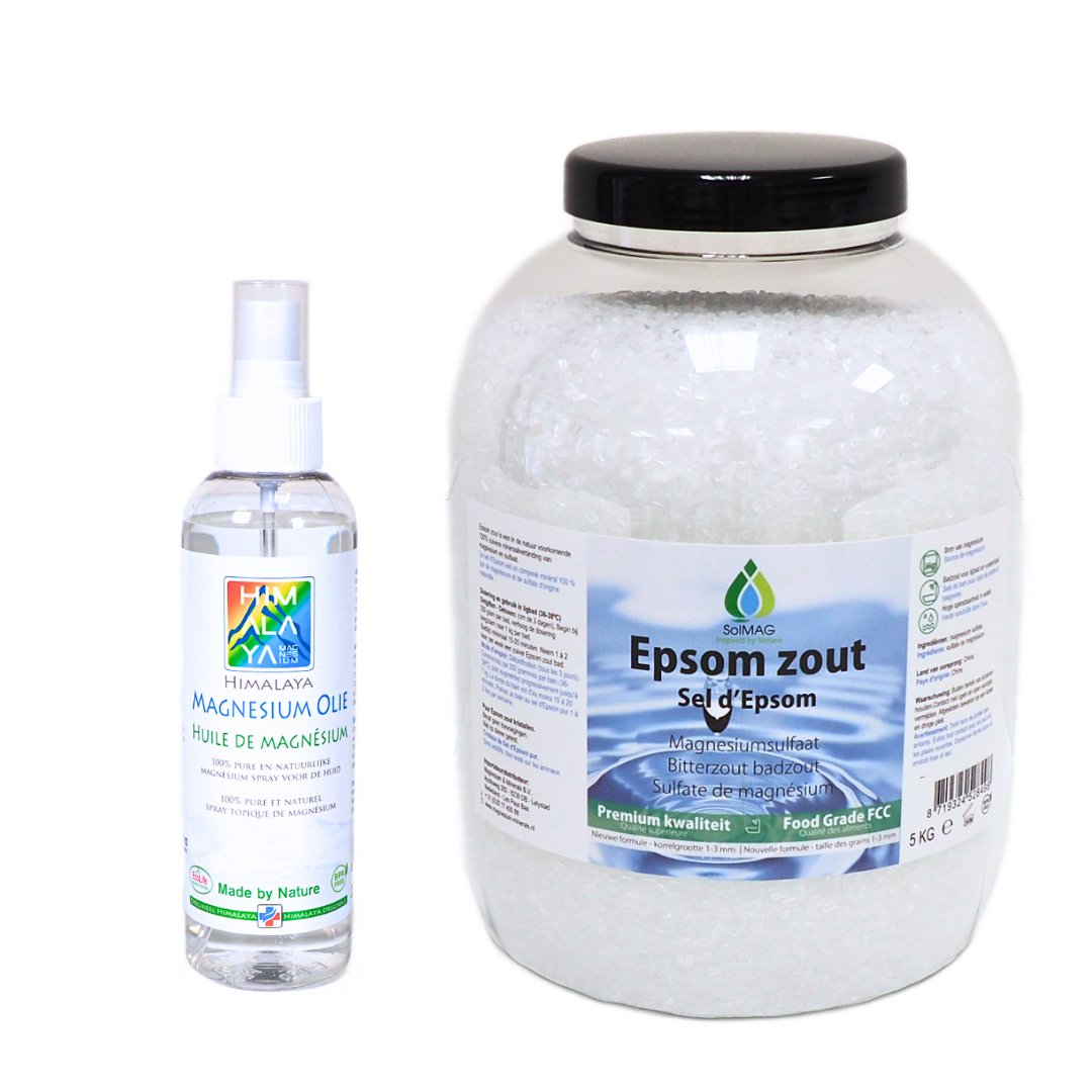 Voordeelset Solmag Epsom Zout 5 kg + Himalaya Magnesium Olie Spray 200 ml — Compleet Magnesium Pakket voor Lichaam & Geest